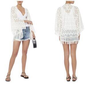 Anna Sui Women's Ivory Leaf Lace Fringe Kimono in White Elbow-Length Sleeves NEW